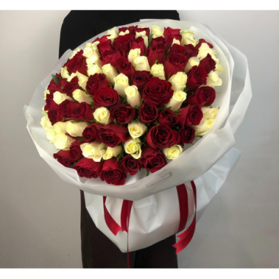 Букет 101 роза Кения Красно-белая